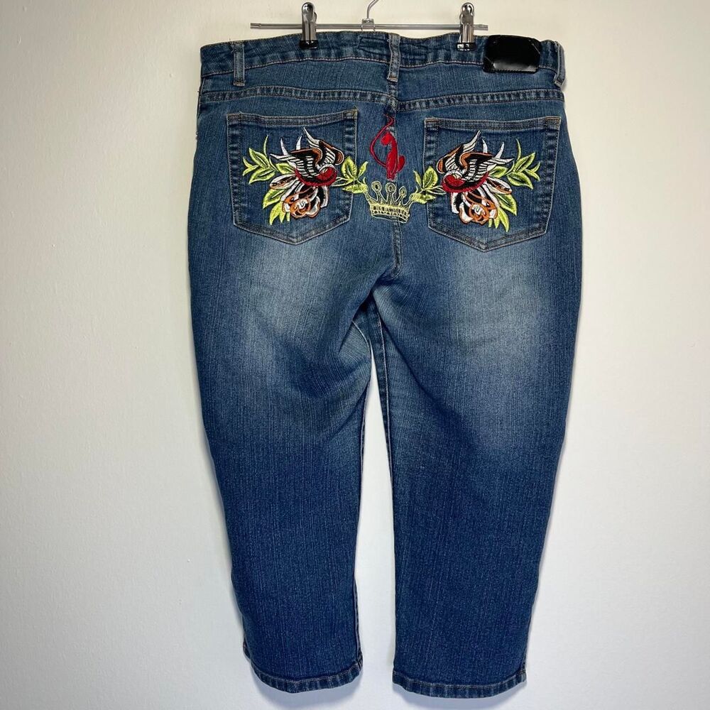 Baby Phat Jeans Y2K Vintage Capri Embroidered Cat Logo Size 13 14 Waist 35"